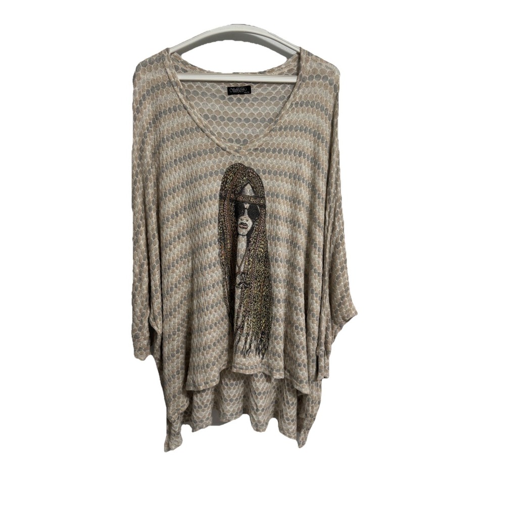 Lauren Moshi Beverly Hills Size XS/S Sweater Tan Gray Girl Dreadlocks Peace